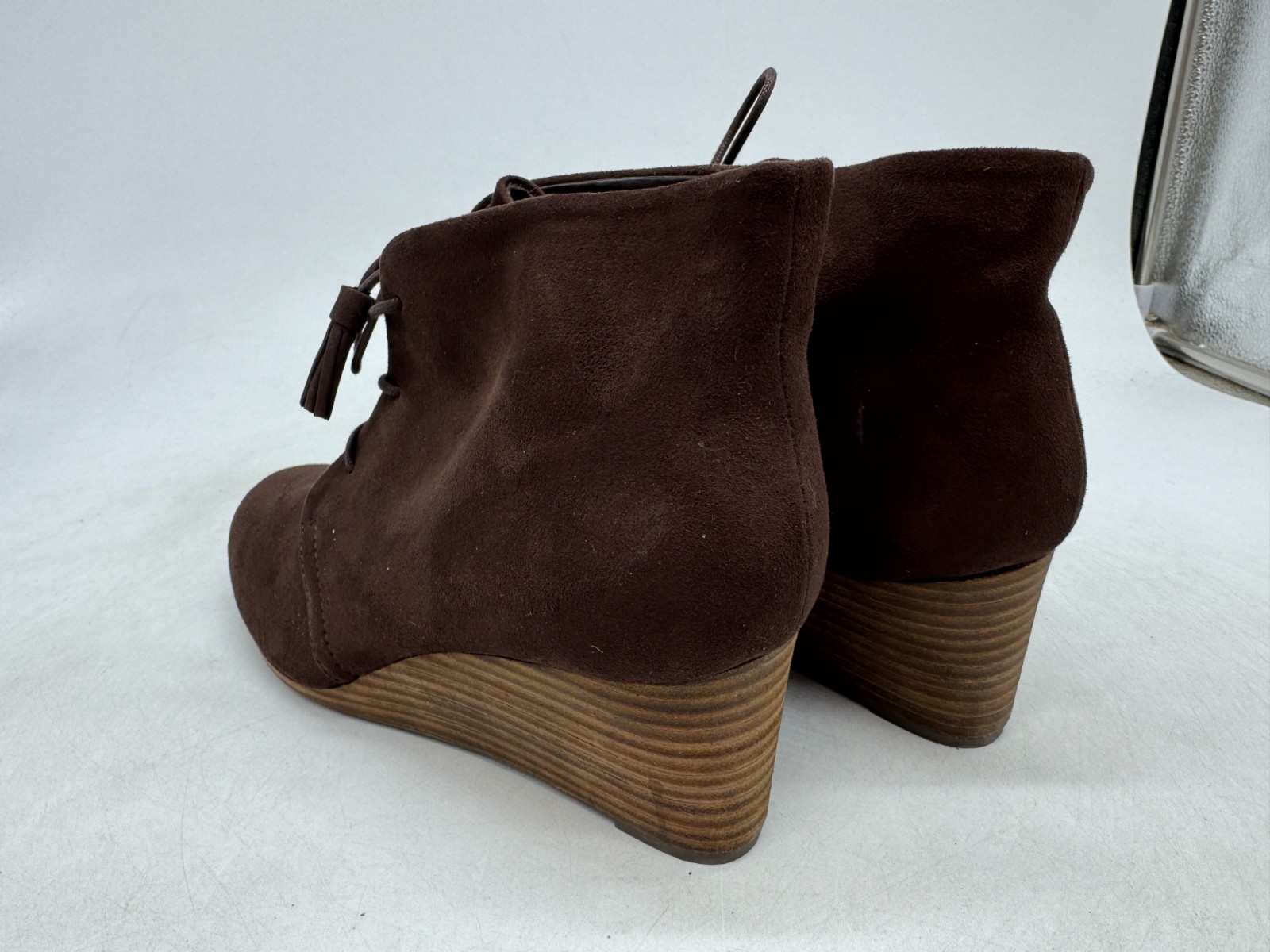Dr. Scholl’s Dakota Wedge Booties Womens Dark Brown Suede Tassel Tie Lace-Up – 9