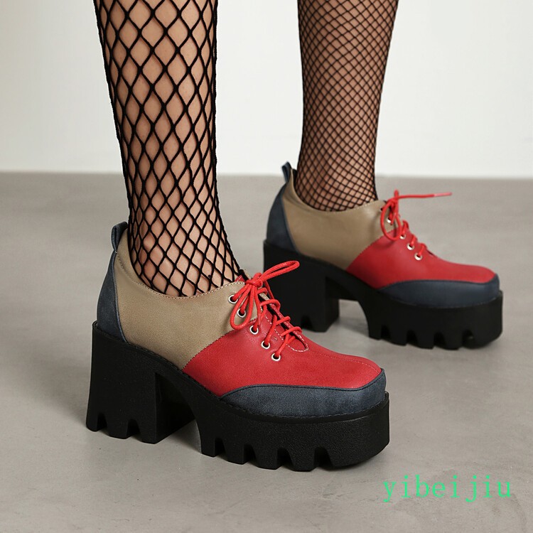 Women’s Platform Shoes Patchwork Two Tone High Block Heel Colorblock Lady Retro