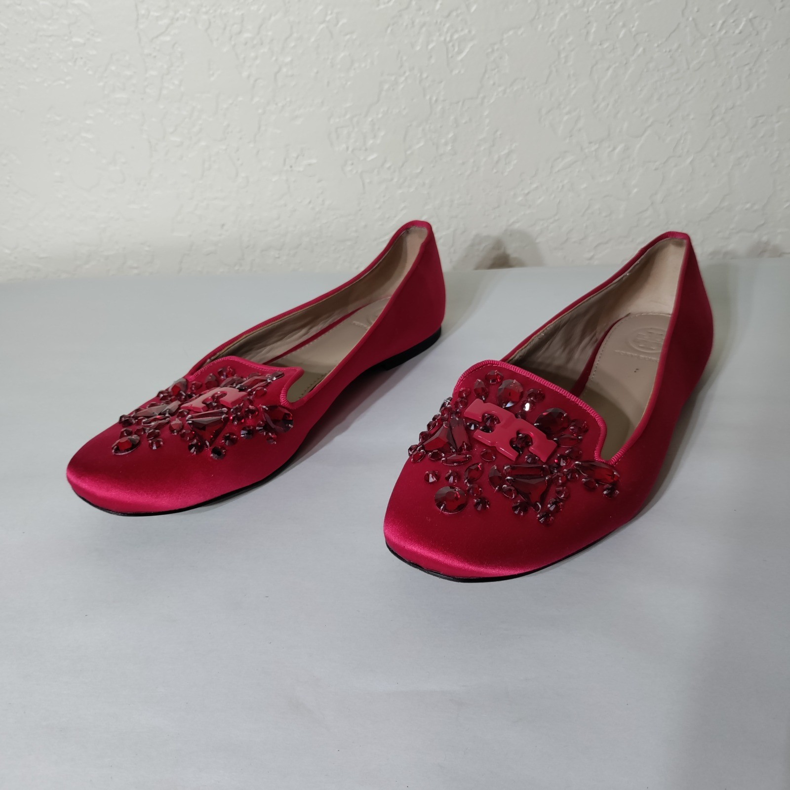 Tory Burch Red Satin Crystal Embellished Logo Loafers Smoking Flats
