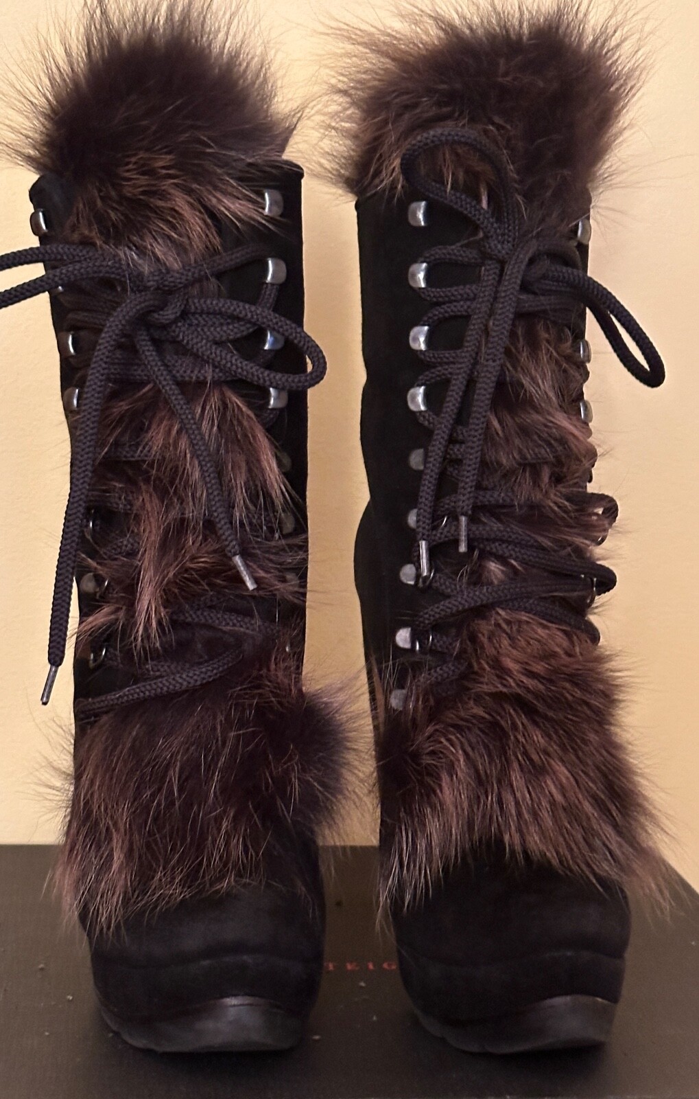 Walter Steiger Platf Black Suede With Real Fox Fur Tongue High Ank Boots size 40