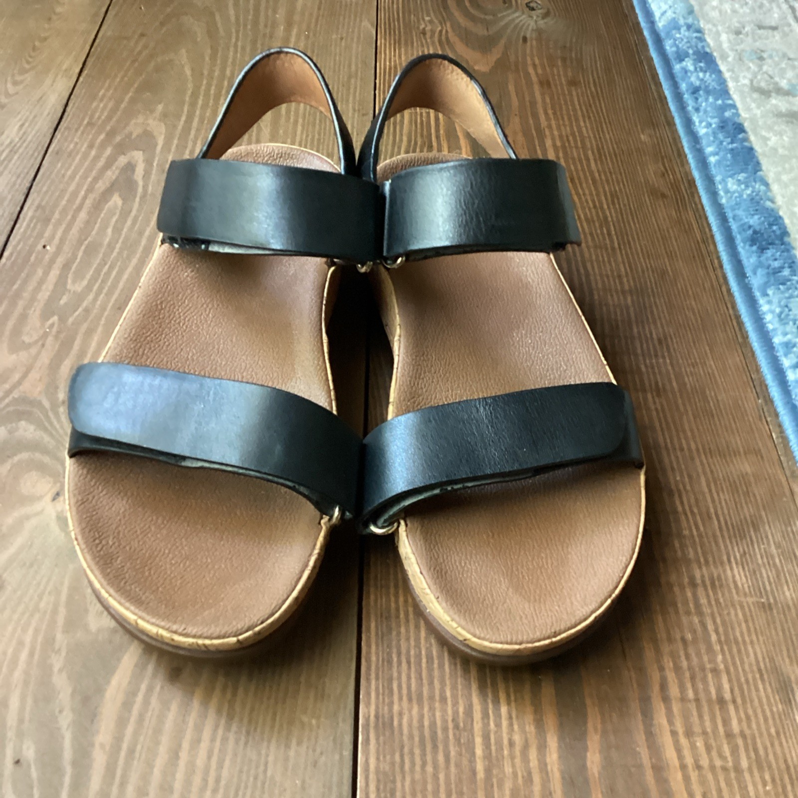 Fit Flop 7 Black Leather & Cork Adjustable Sandals Ankle Strap Classic!