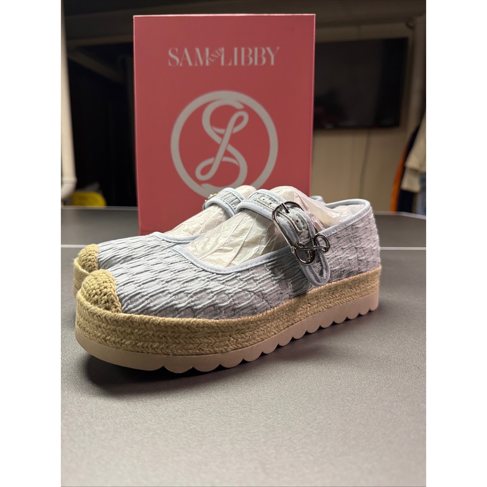 Sam & Libby Isla Dusty Blue Mary Jane Platform Espadrille Flats US 6.5