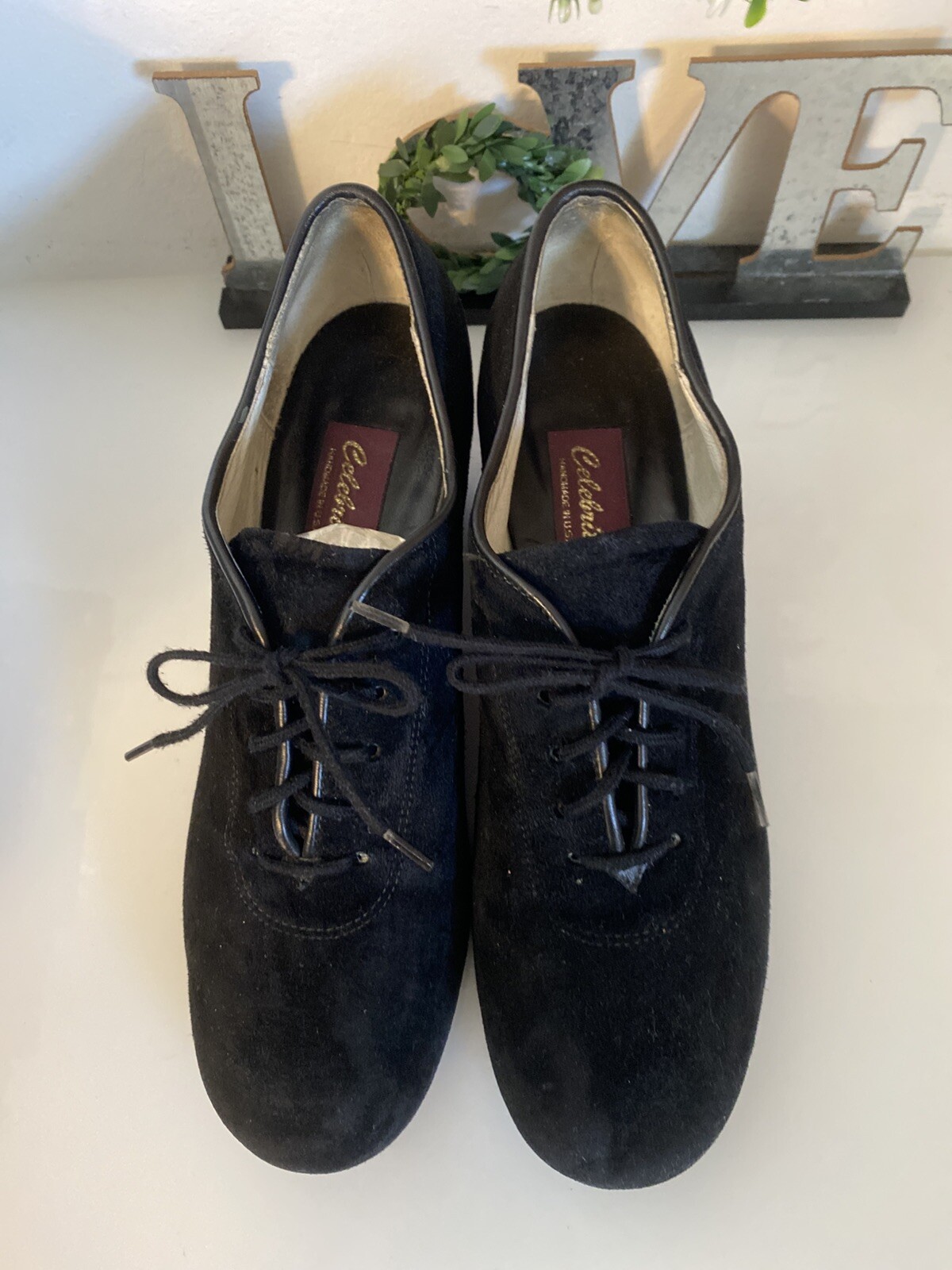 Vintage Celebrity Suede Handmade In USA Black Lace Up Heel Shoes Women Size 7.5
