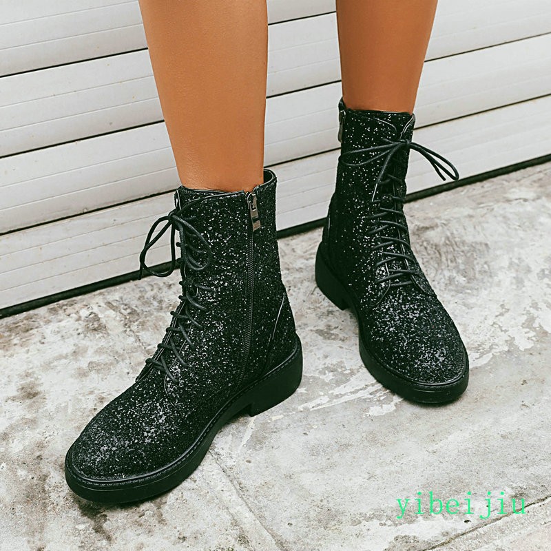 Women’s Glitter Sequins Ankle Boots Lace Up Performance Cosplay Shoes Plus Size