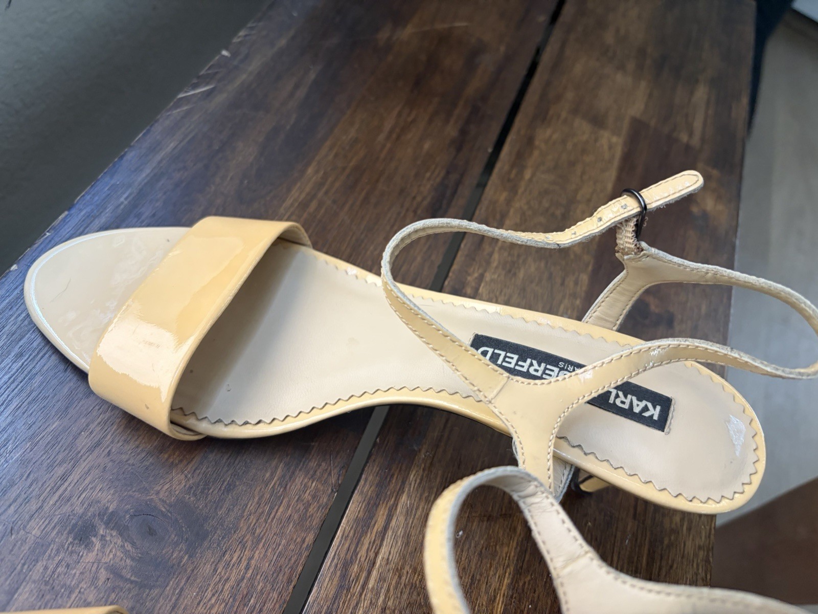 Karl Lagerfeld Paris Women’s Beige Patent Strappy Ankle Strap Buckle Open Toe