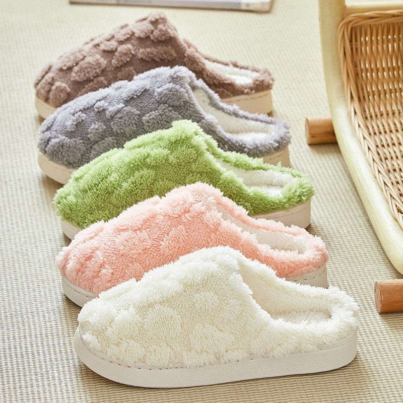Female autumn winter couple home with plush warm cotton slippers