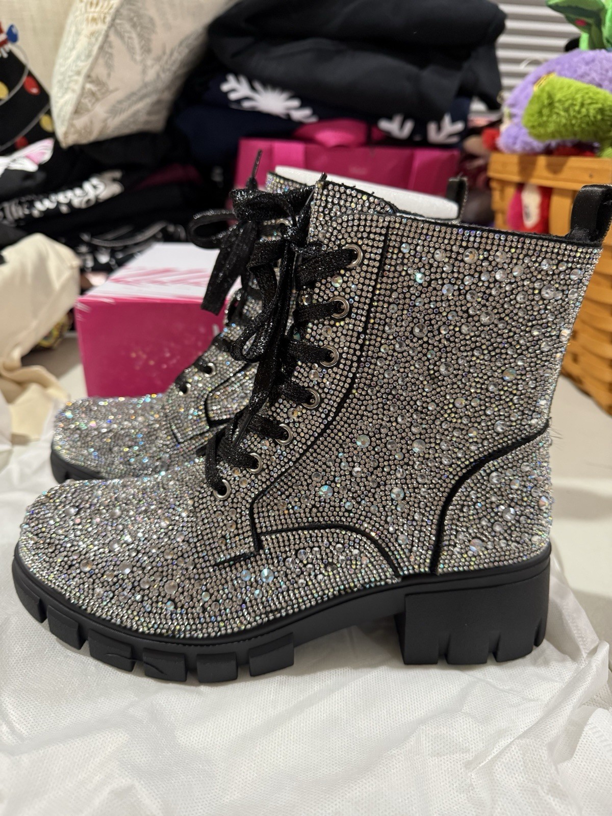 SZ 11 Hey Girl By Corkys Mood Women’s Clear Rhinestone Combat Boots Brand New