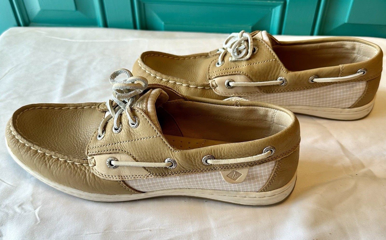 Sperry Top-Sider Angelfish Plaid Boat Shoes Size 9.5 Tan Leather Loafers Preppy