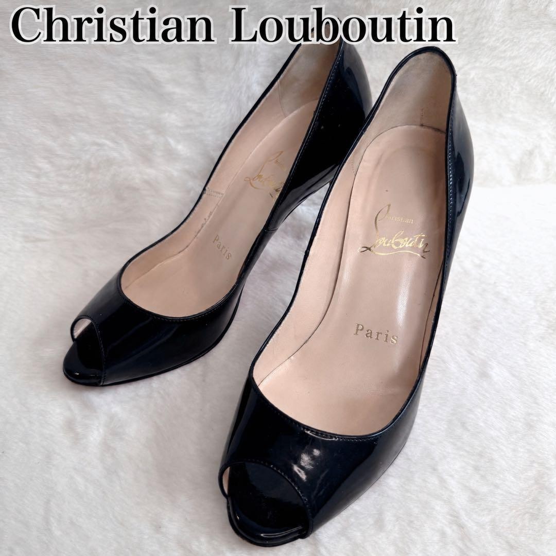 Rare Christian Louboutin Open Toe Heels 34 US 4 Black Patent Leather 8.5cm Heel