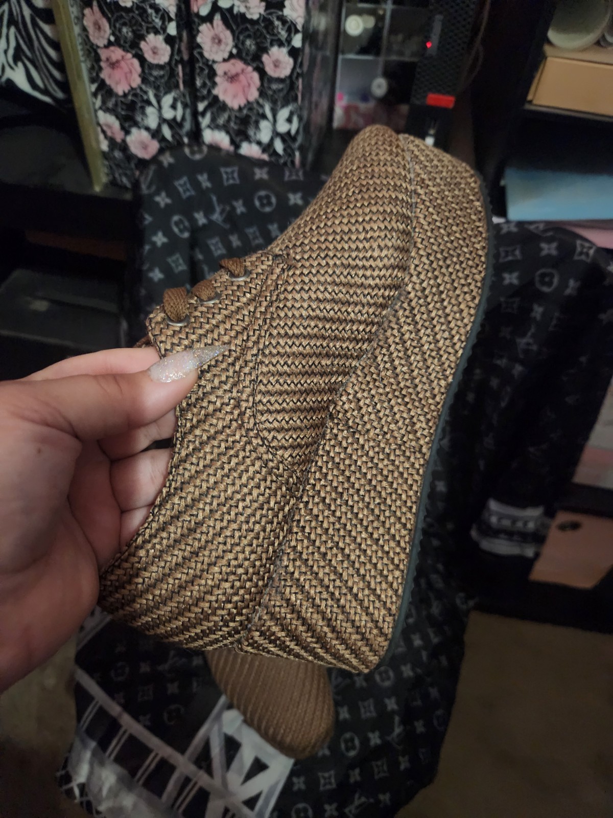 Women’s Brown Woven Chevron Lace-Up Almond Toe Flats Rubber Sole US 6 W