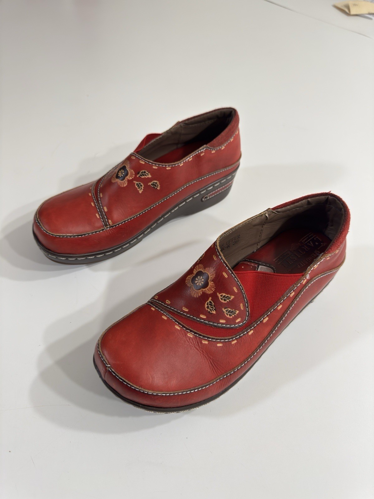 Spring Step L’Artiste Burbank Clogs Red Embossed Leather Women’s Sz 38