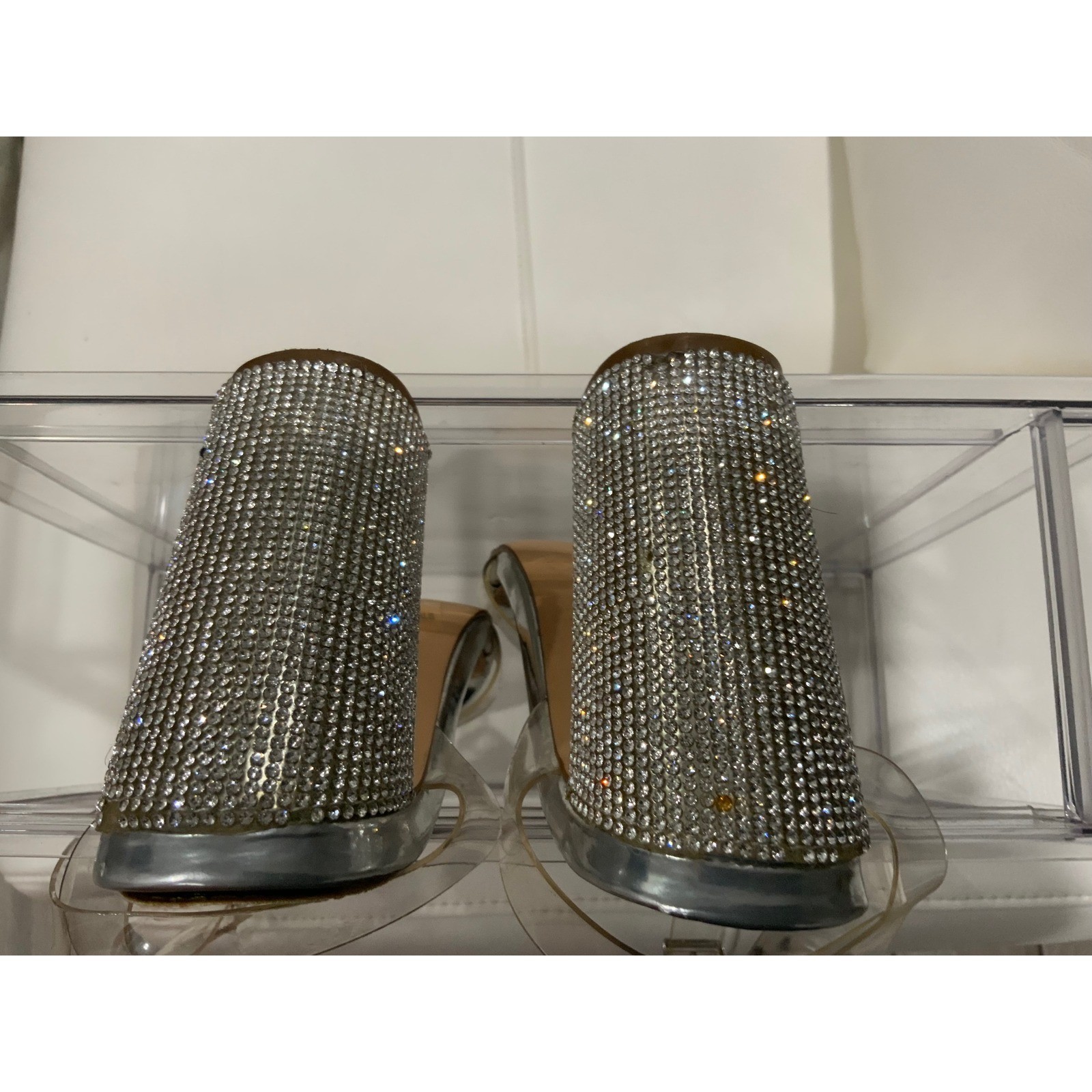 Olivia Miller Silver Rhinestone Block Heel Clear Strap Sandals Size 6 00418954