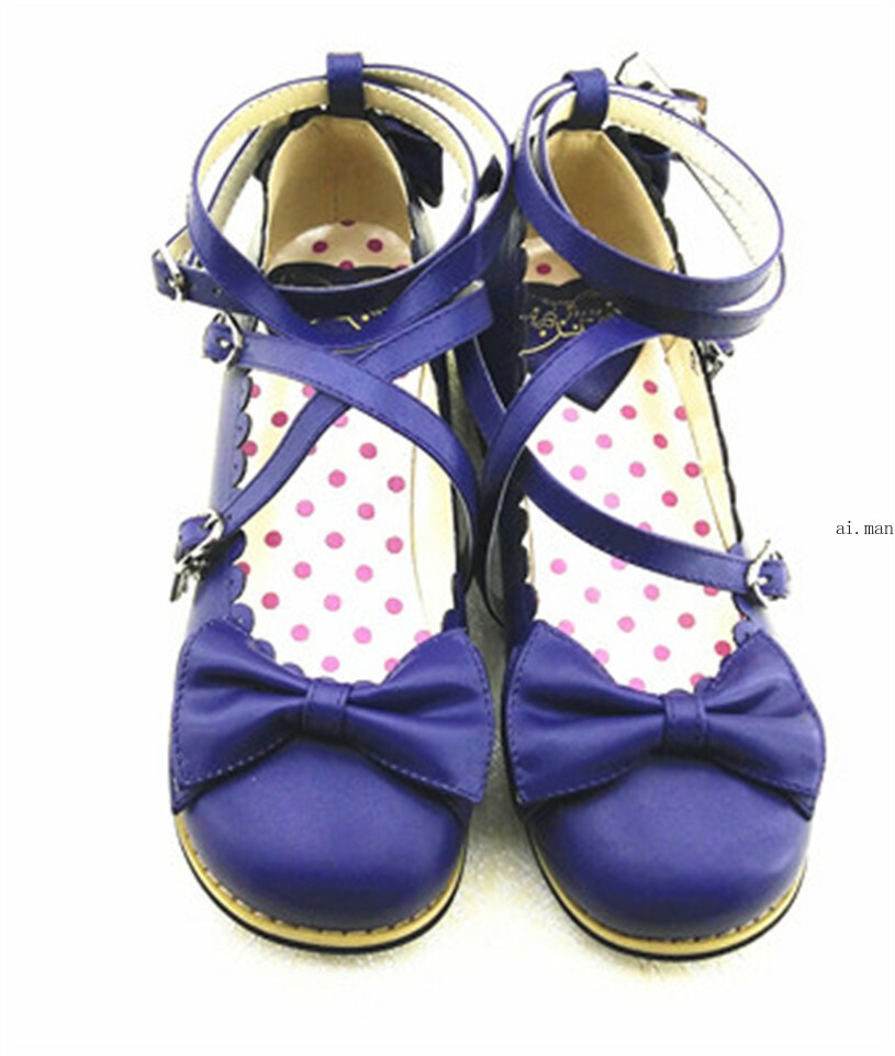 Women Lolita Low-heeled Mary Jane High Heel Cross Straps Bow Knot Princess Shoes