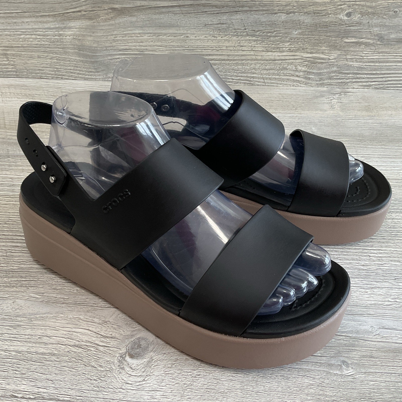 Crocs Literide Brooklyn Platform Black Slingback Beige Wedge Sandle Women’s 9 US