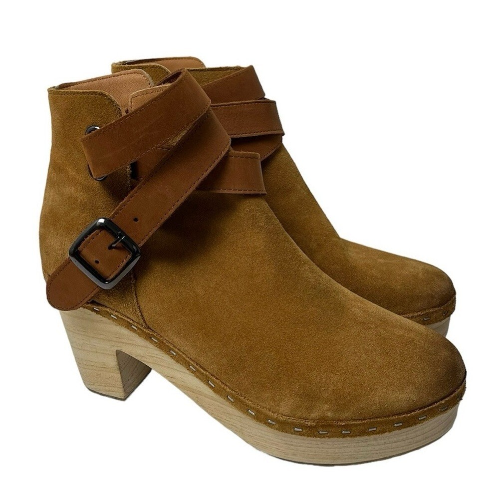 Free People Suede Wooden Clogs 10 Festival Boho Hippie Retro Tan Leather Boots