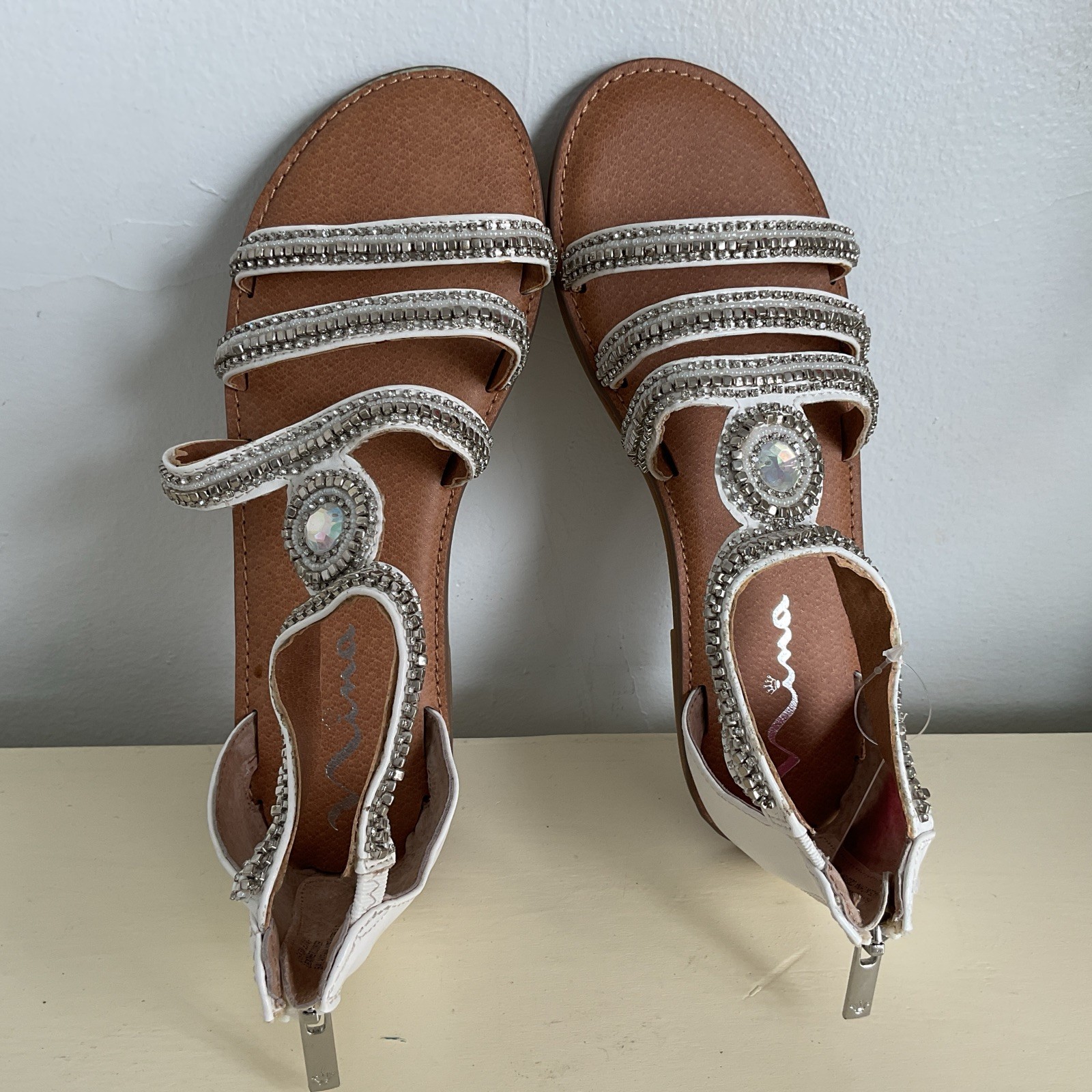 Nina Sparkly Rhinestone Ankle Strap Flat Sandal Women Size 5 wedding summer