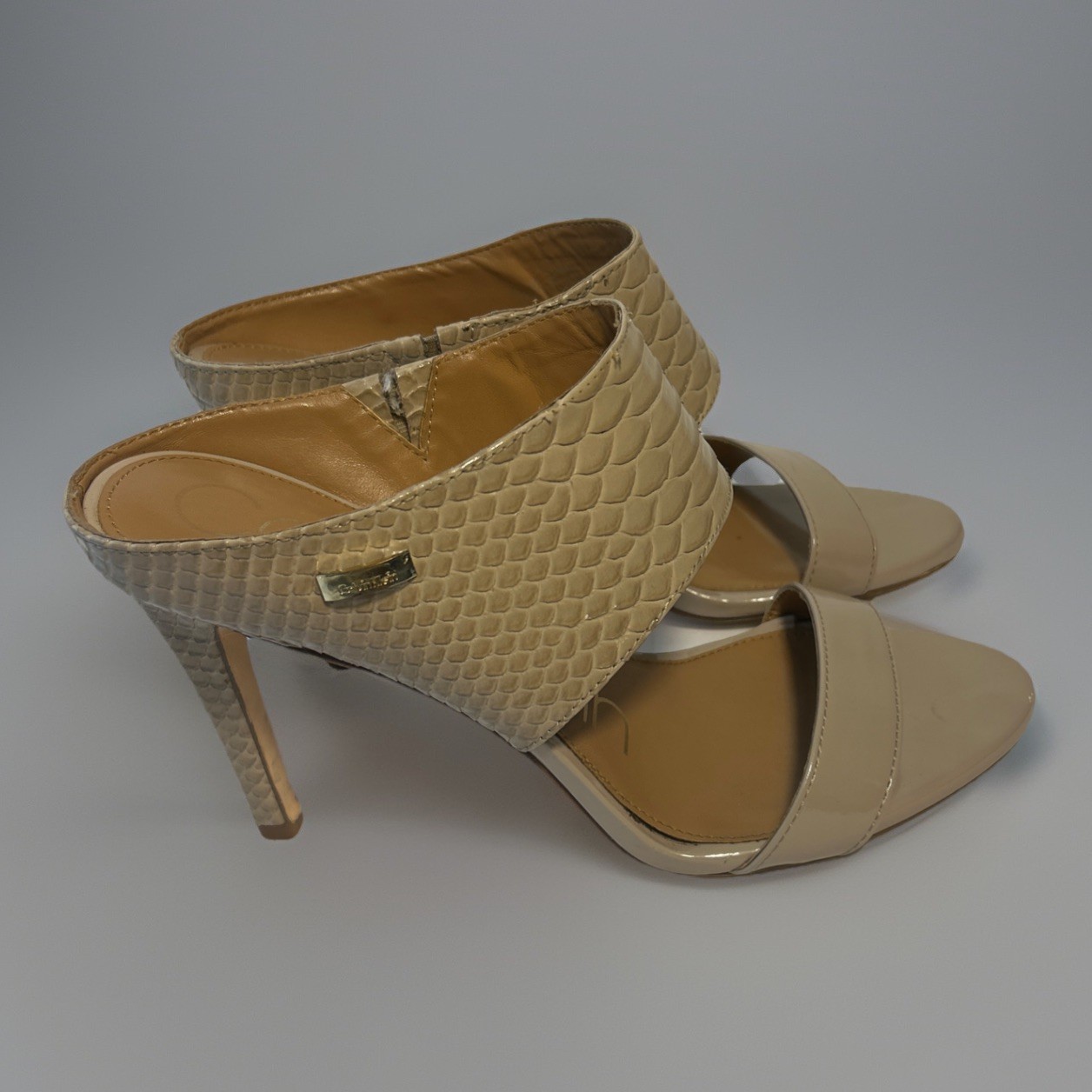 Calvin Klein Mule Slides Womens Shayna Taupe Faux Leather Snakeskin Heels Sz 7.5