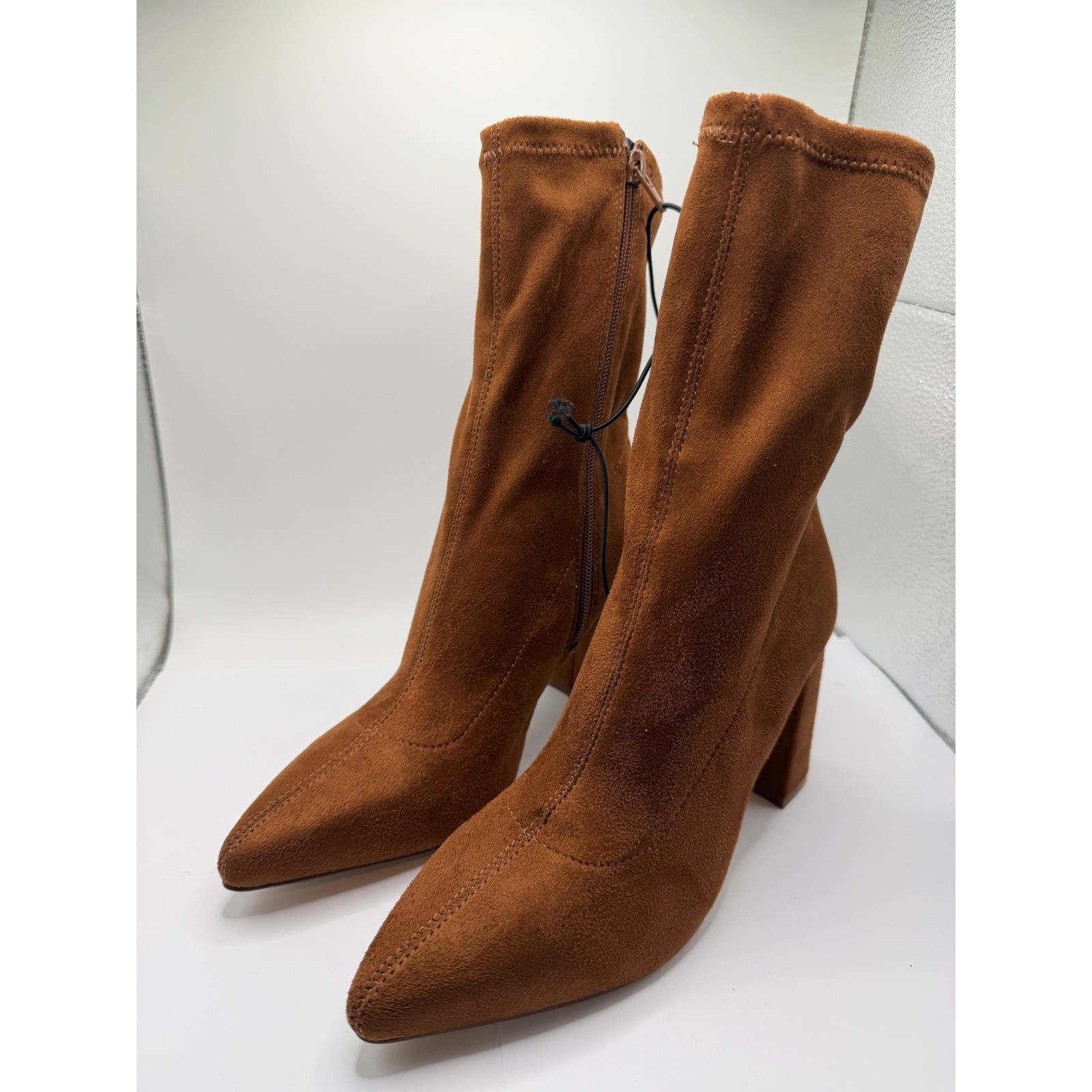 Express Womens Cognac Brown Faux Suede Pointed Toe Block Heel Sock Boots 7 NEW