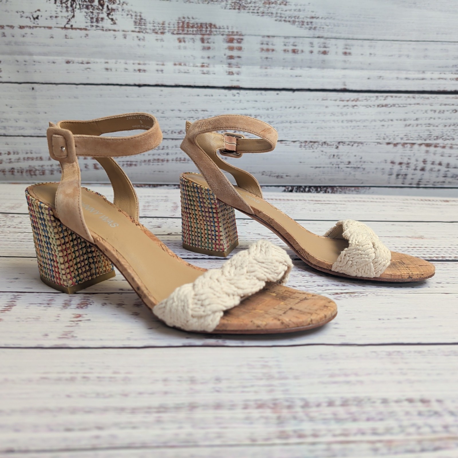 Johnny Was Women’s Braid Block Heel Multicolor Sandals Beige Suede Upper Size 8