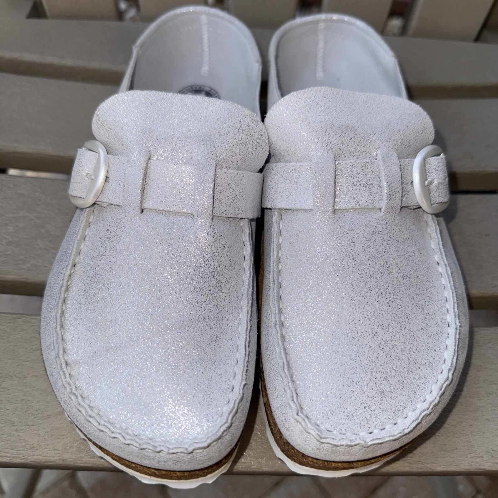 NWOB Birkenstock Buckley Metallic Silver Washed Leather Clogs EU 38 N US 7-8