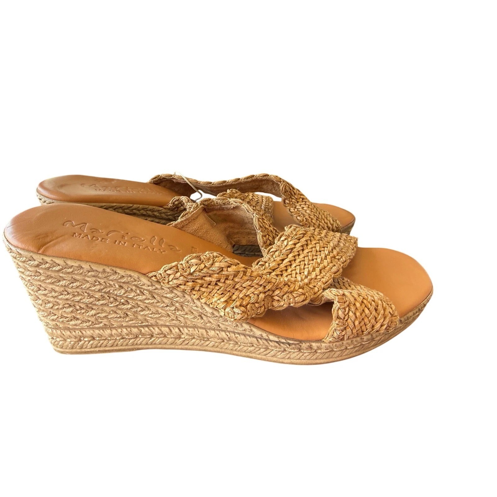 Mariella Tan Woven Wedge Heel Criss Cross Straps Slip-On Italian Sandals 9.5