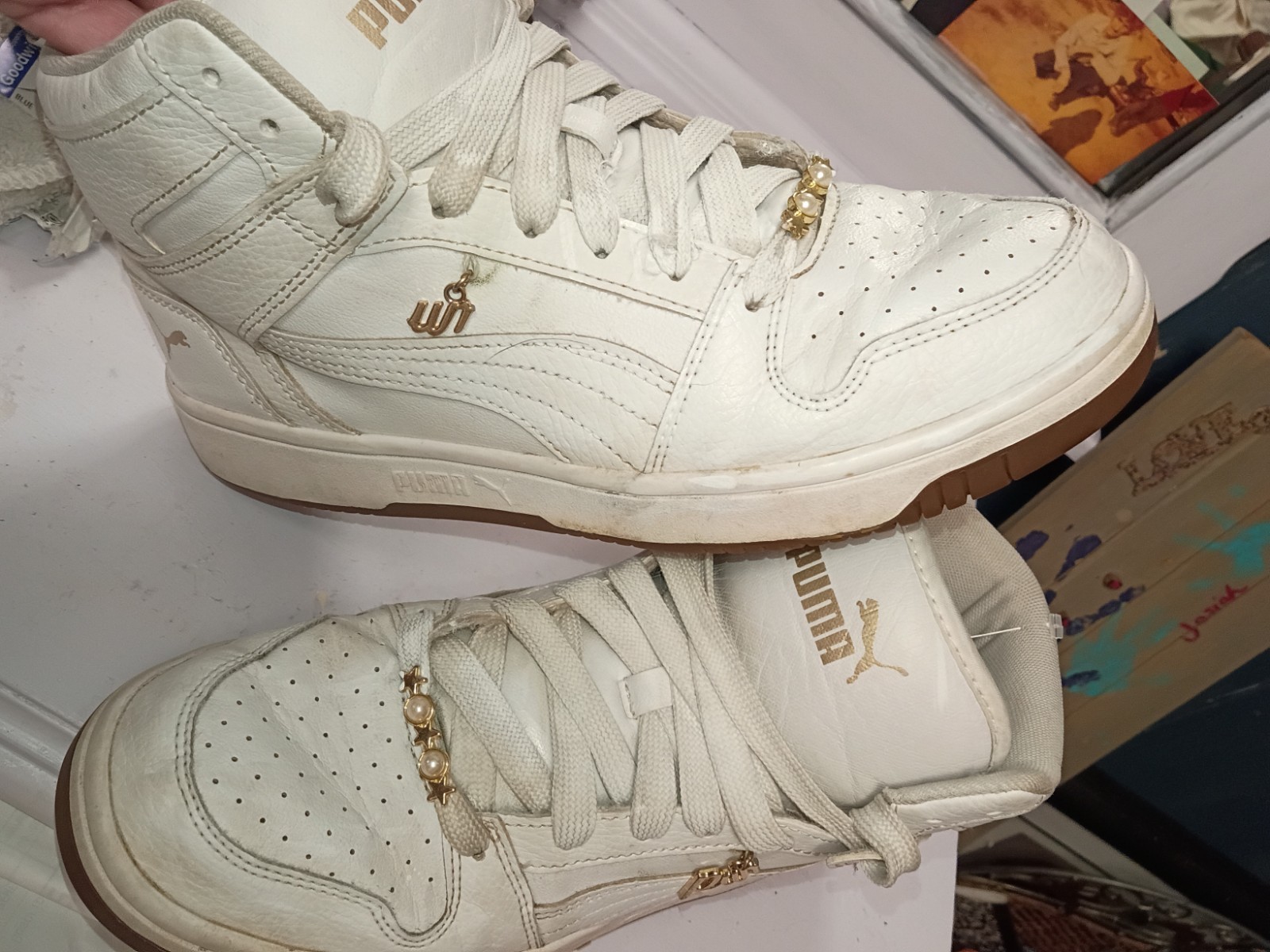 PUMA Rebound Layup Pearlized High Top Womens Off White Sneakers Size 8