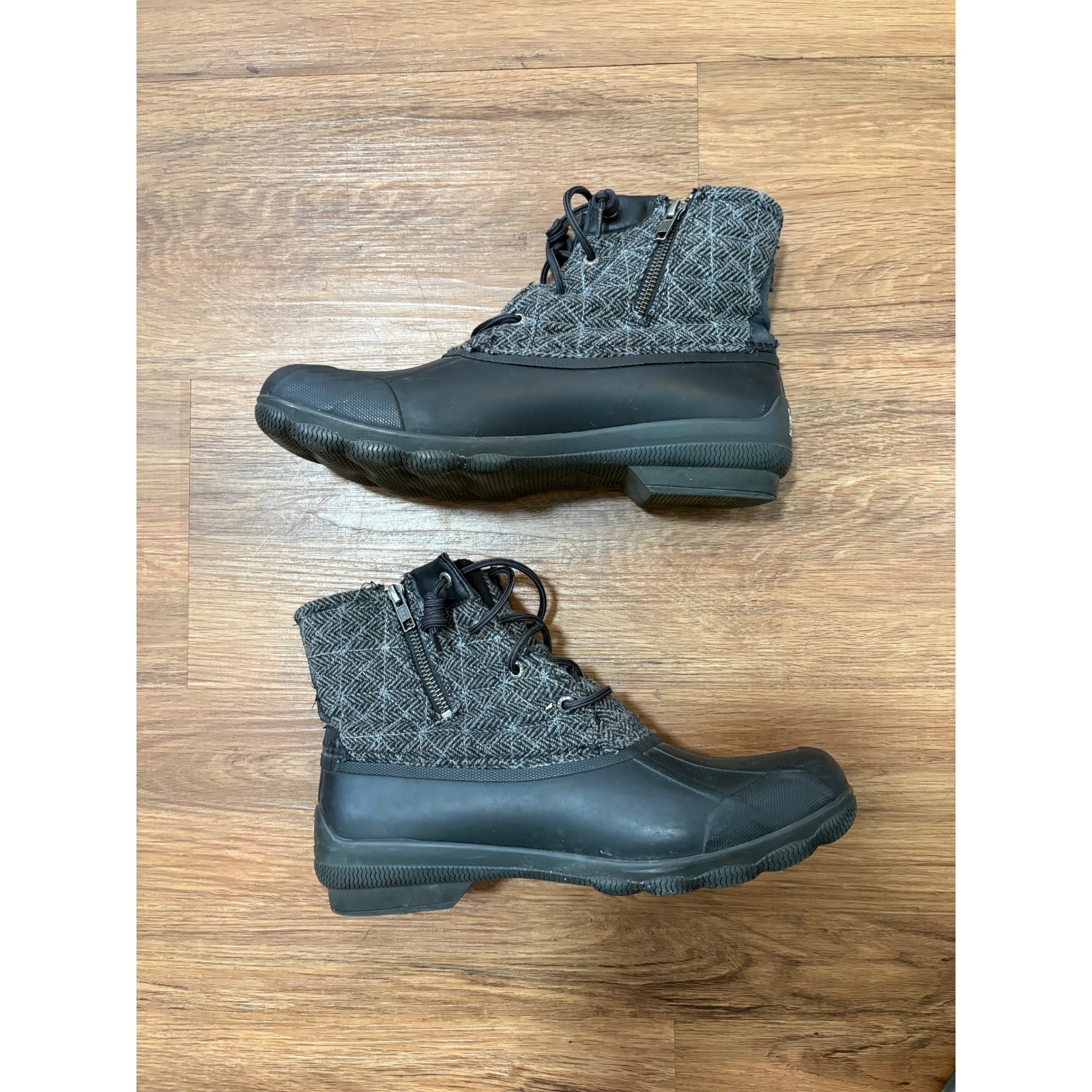 Sperry Saltwater Herringbone Wool Duck Boots Black Grey STS99766 Womens 10M
