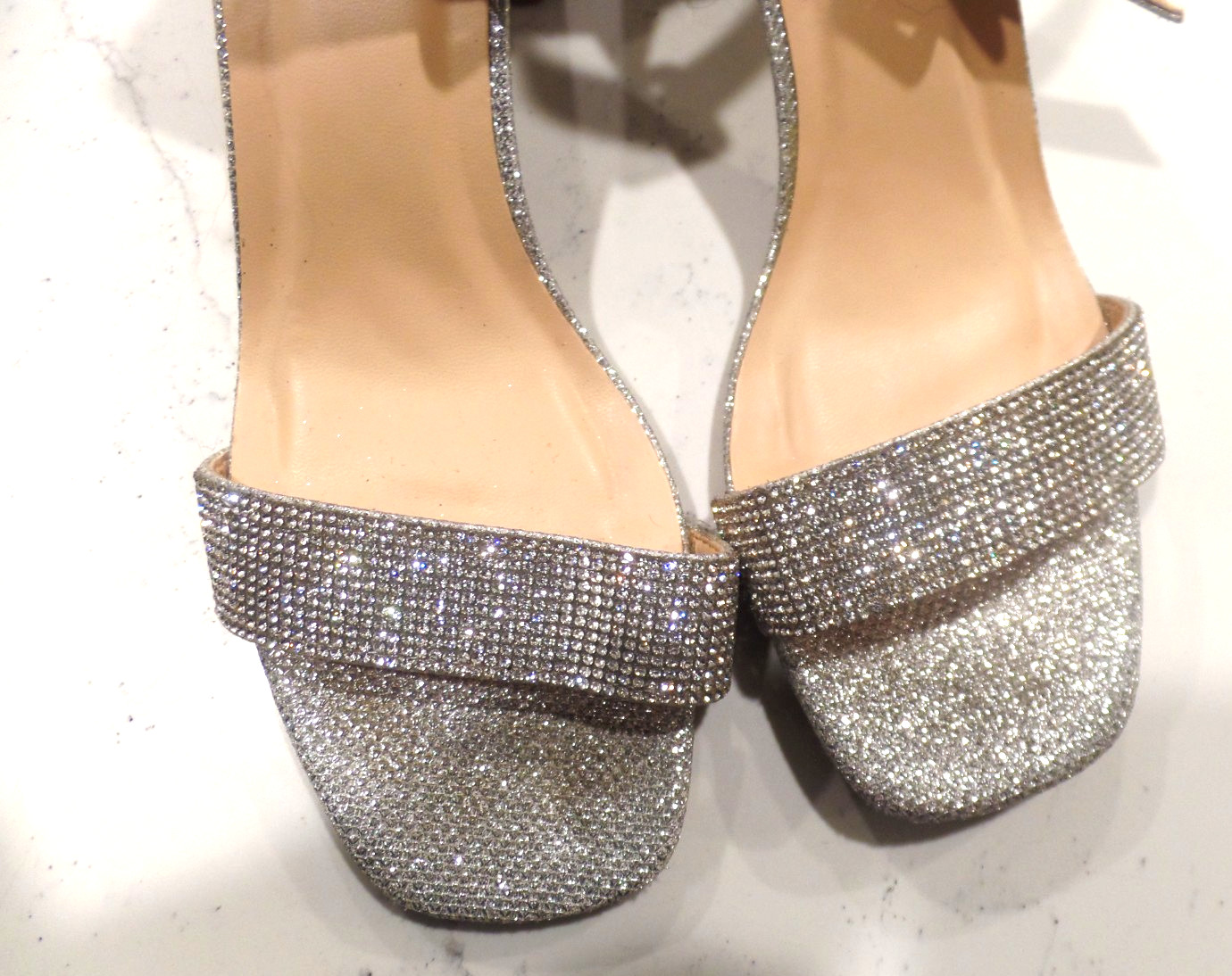 LADIES, SILVER, HIGH HEEL SHOES, WORN ONCE INSIDE, SIZE 9