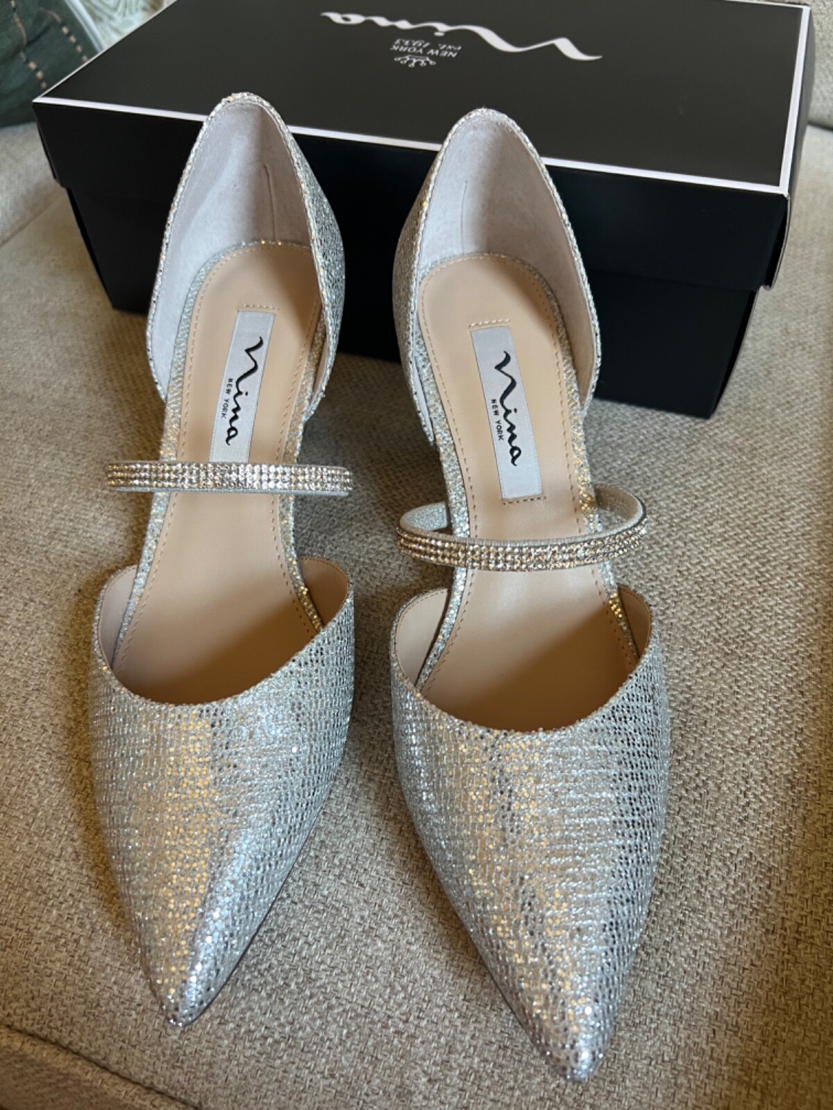 Gorgeous Silver Nina Evening Shoe 7M New in Box d’Orsay Rhinestone 2.5” Heel