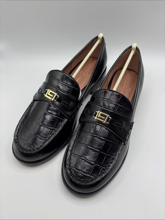 Paolo Black Croc-Embossed Leather Loafers with Gold Buckle