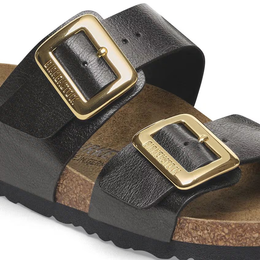 BIRKENSTOCK SYDNEY CUSHION LUXE BUCKLE LICORICE MEDIUM/NARROW WIDTH DOUBLE STRAP