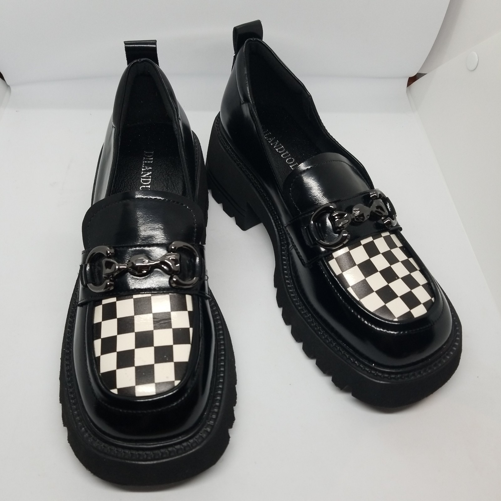 Size 8 Black Man Made Leather Black & White Check Oxford Shoes Grunge
