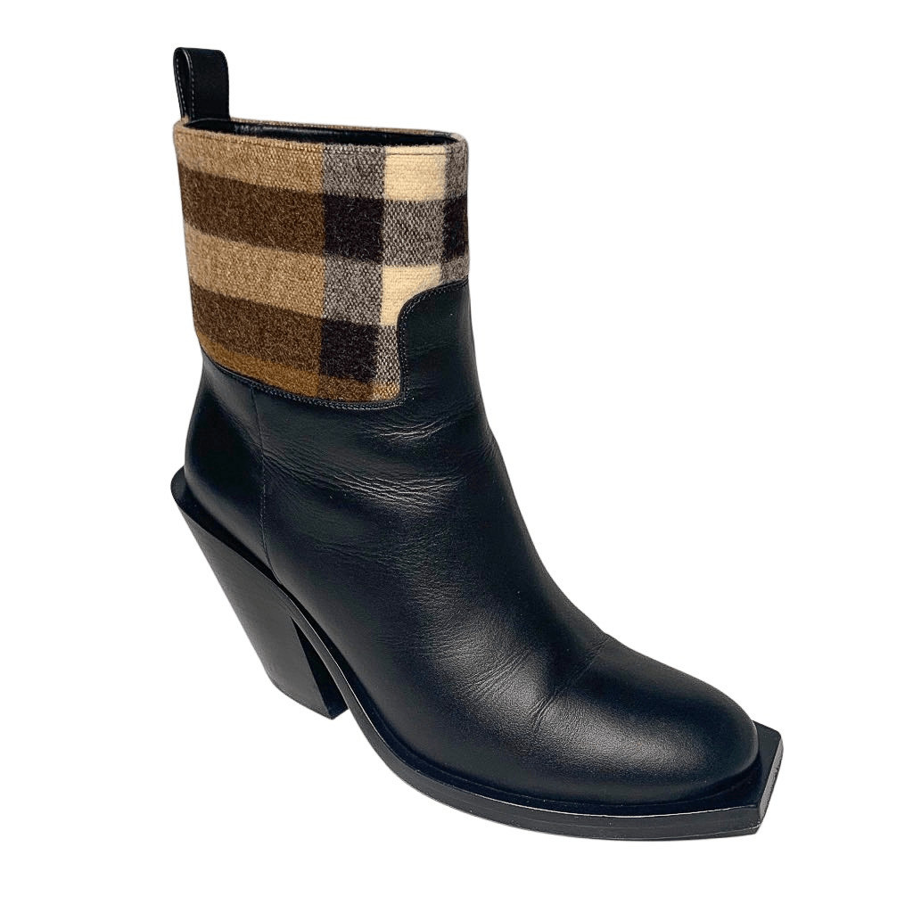 Burberry Danielle Low Calf Nova Check Heeled Boot EU 38 Leather and Wool Pull On