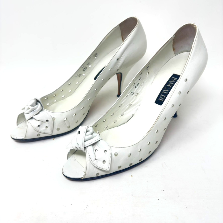 Pancaldi Heels Size 10AA White Kid Leather Bow Toe Detail 3.5in Heel
