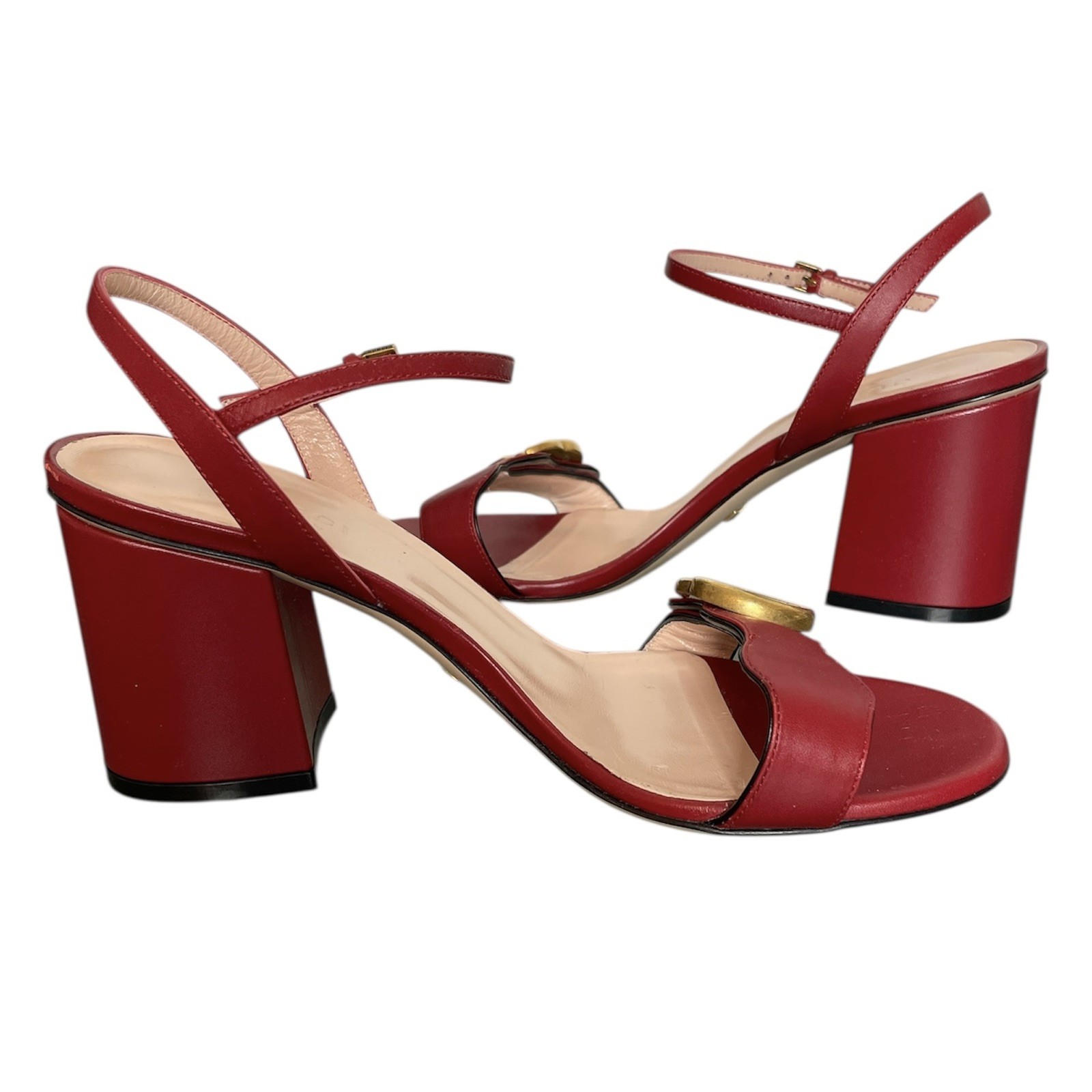 GUCCI Marmont Block Heel GG Logo Sandals Sz 35.5 Red Gold Lifford Galassia 75mm
