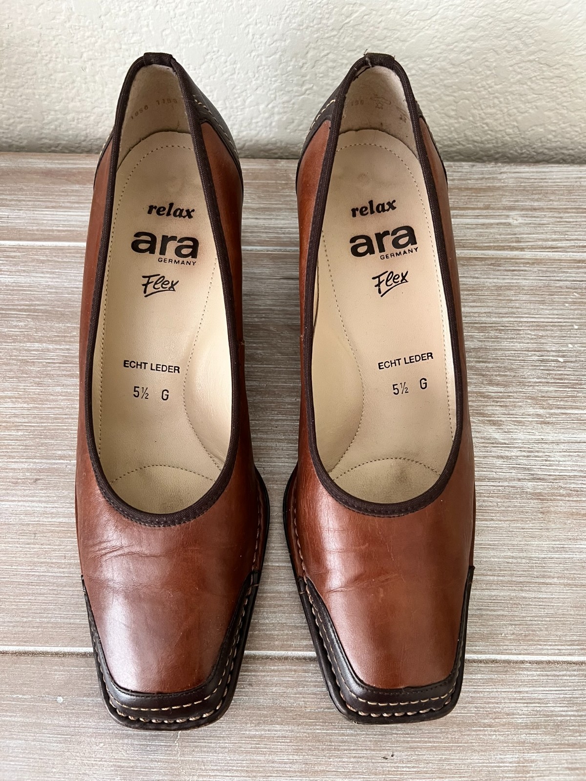 Ara Germany Relax Flex Leather Pumps Brown Square Toe Block Heel UK 5.5 G US 8
