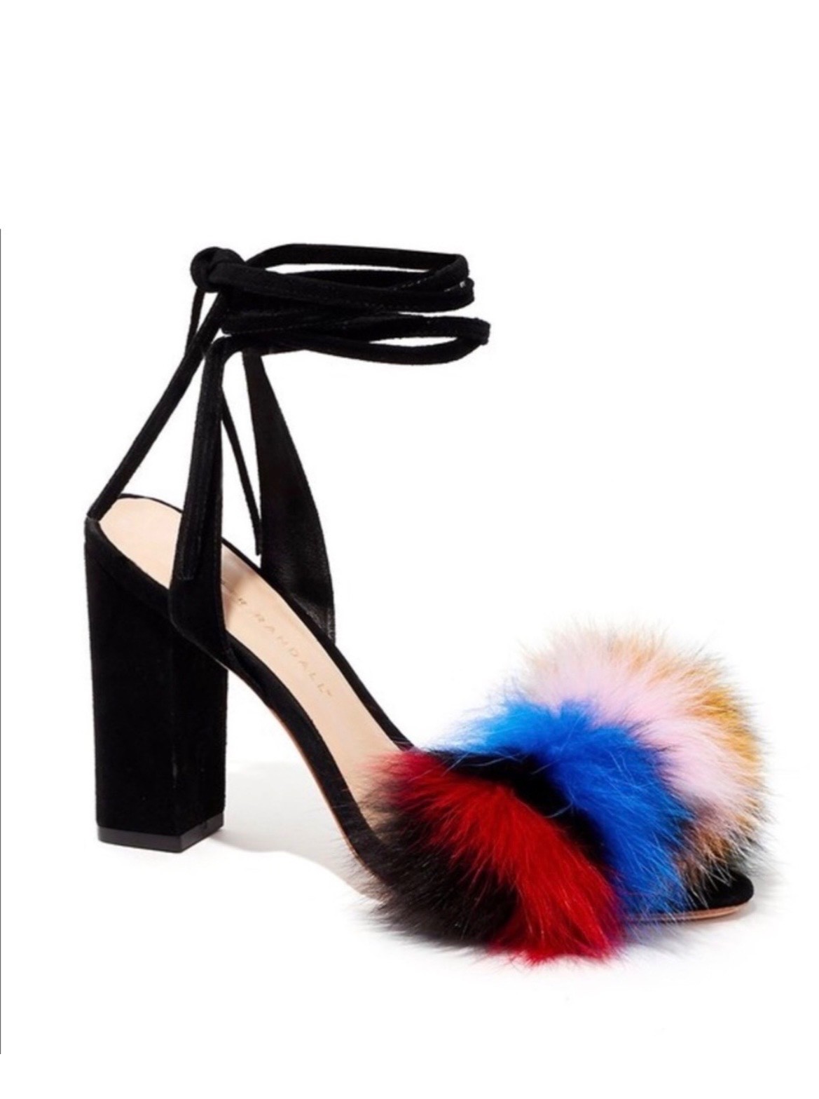 LOEFFLER RANDAL Nicolette Black Suede Fox Fur Multicolor Block Heel Sz 8.5 $495