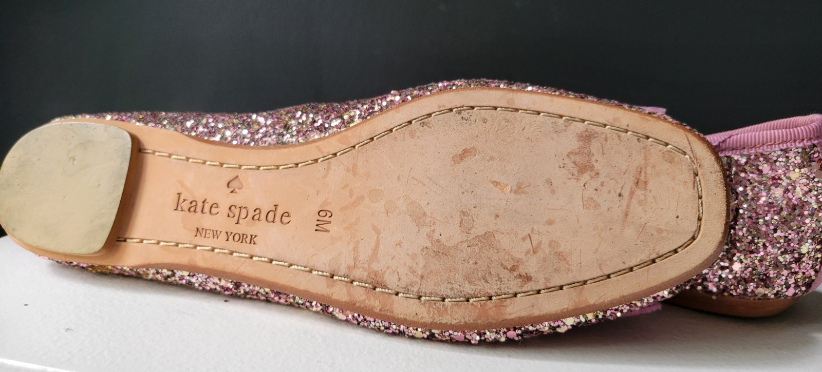 KATE SPADE NEW YORK PINK GLITTER BALLET FLATS w/GROSGRAIN FLAT BOW Sz 6