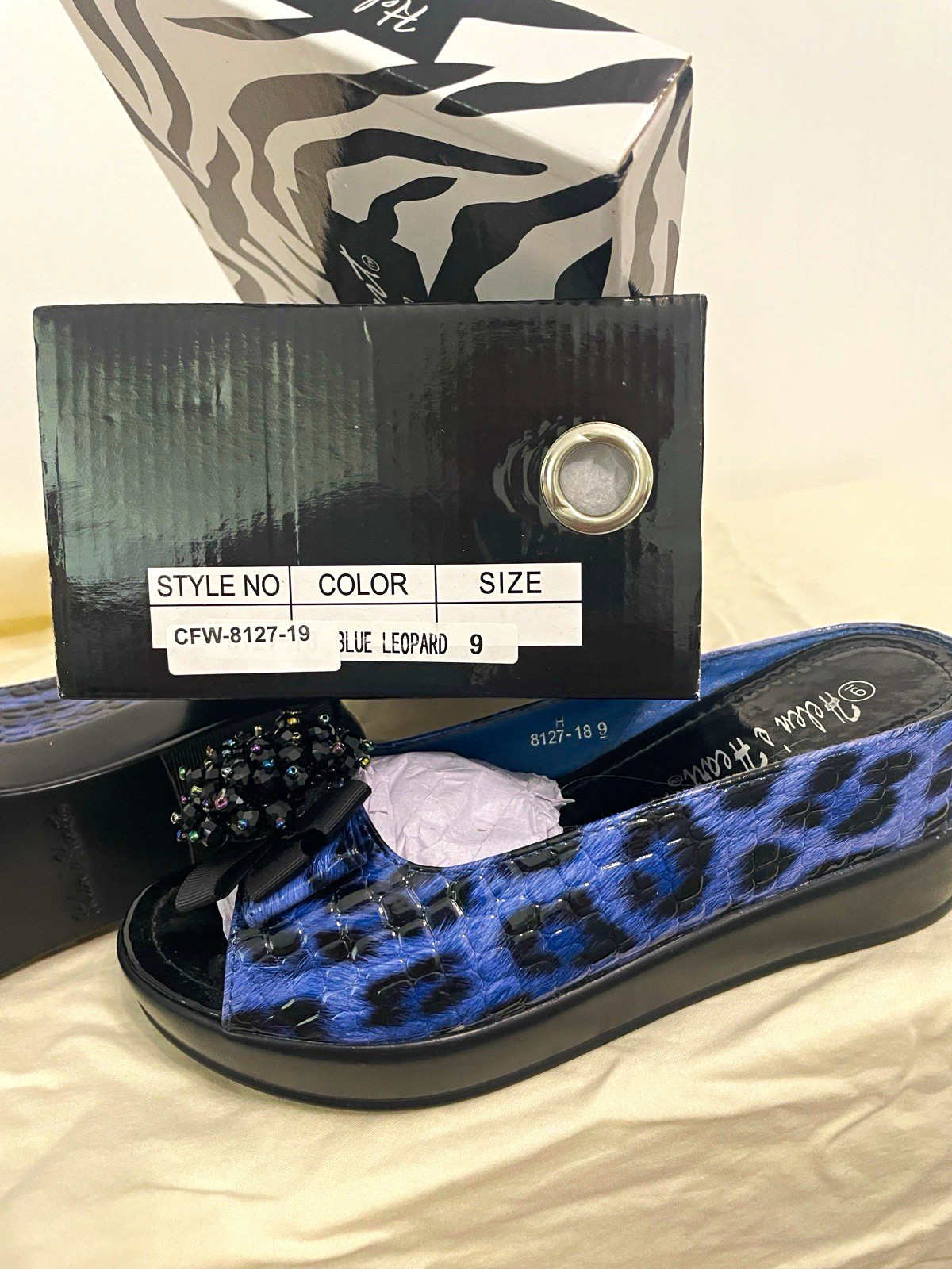 Helen’s Heart Blue/Black Leopard Print Slide Sandals Beaded Bow Slip-On 9