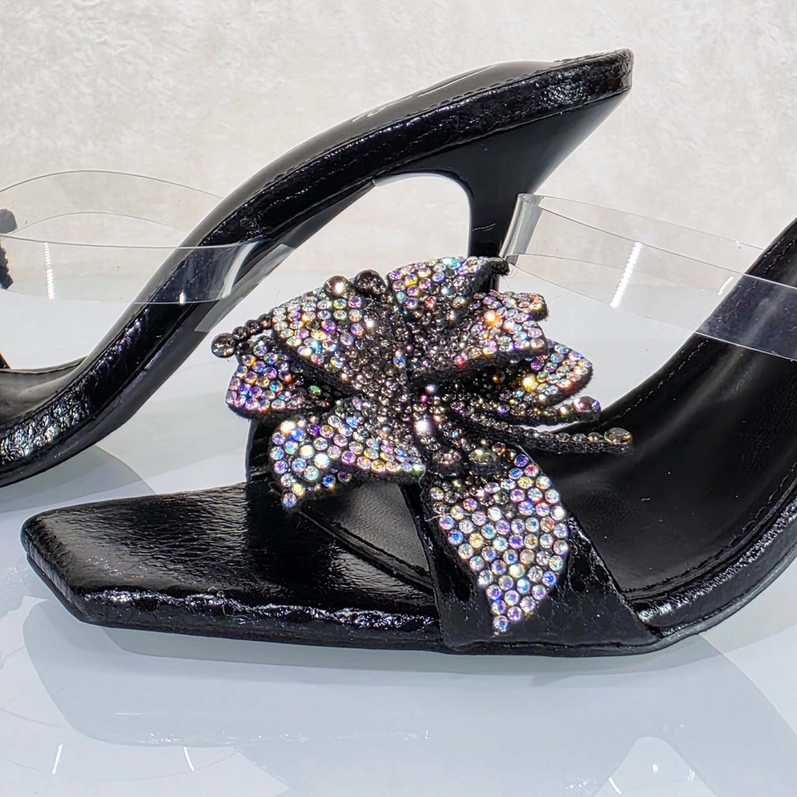 Lily Rhinestone Flower Black Slip On 3.25″ Heel Casual Evening Party Shoes
