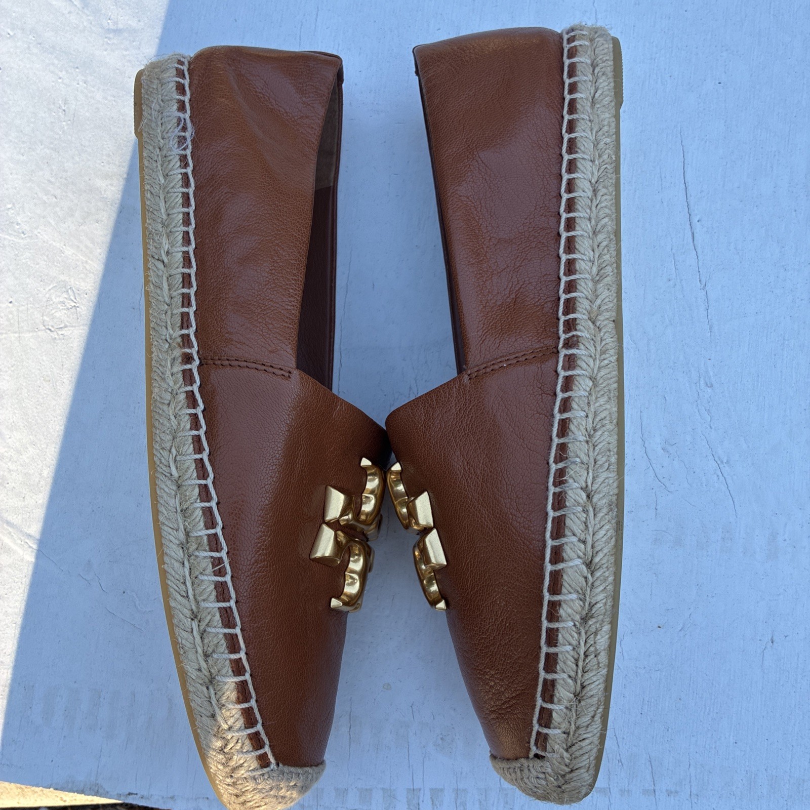Tory Burch Eleanor Espadrille Flats Women’s 8.5 Brown Calf Leather Gold Logo