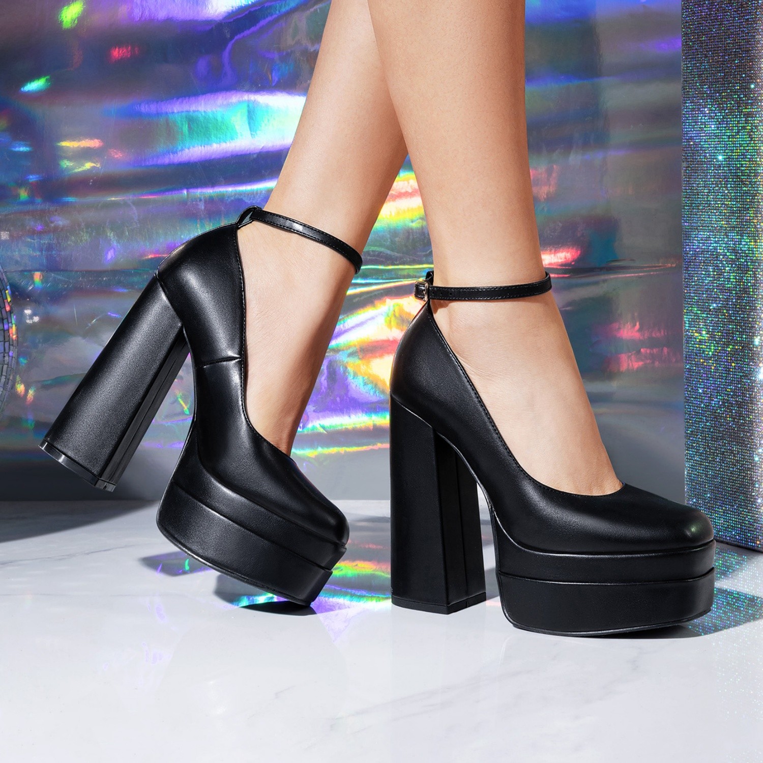 Women Y2K Dress Pumps Square Toe Ankle Strap Chunky Heel Platform Pumps