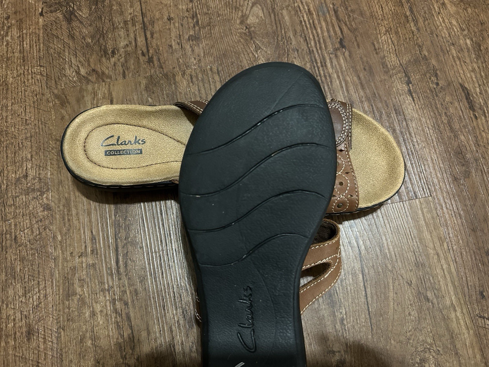 Clarks Collection Womens Brown Faux Leather Strappy Slide Sandals Slip-On 7.5