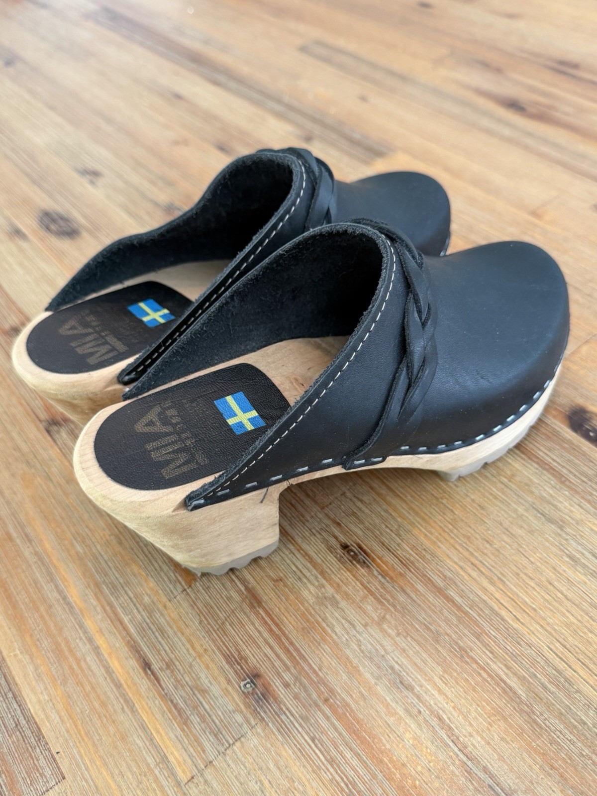 MIA Elsa Swedish Clogs Black Leather Wooden Platform Mules Womens 37 EU – 7 US