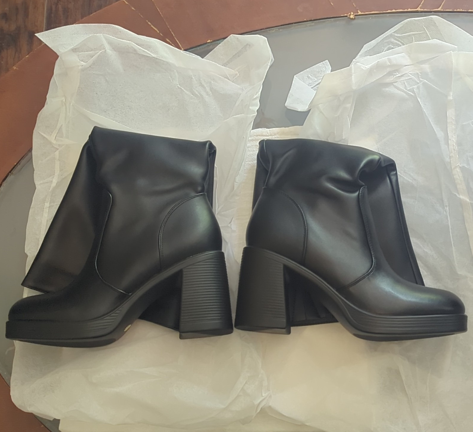 SOVANYOU Black Knee High Platform Boots Square Toe Side Zip Faux Leather 7.5