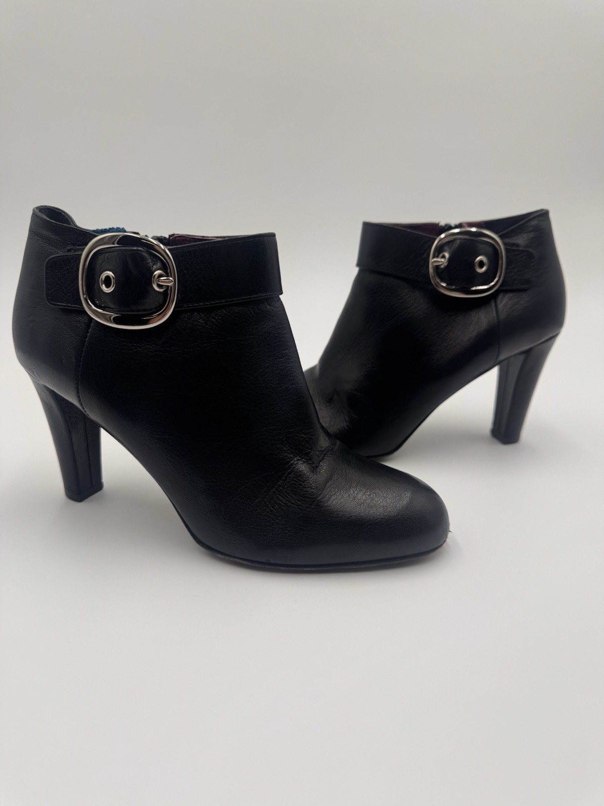 Coach Black Leather Nicolete Silver Tone Buckle 3.25″ Heel Bootie Boot 7.5