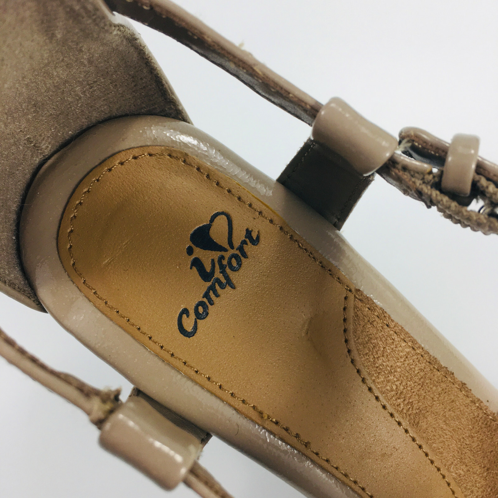 I Heart Comfort Open Toe Ankle Buckle Strap Amity Heels Women’s Taupe SZ 9 M