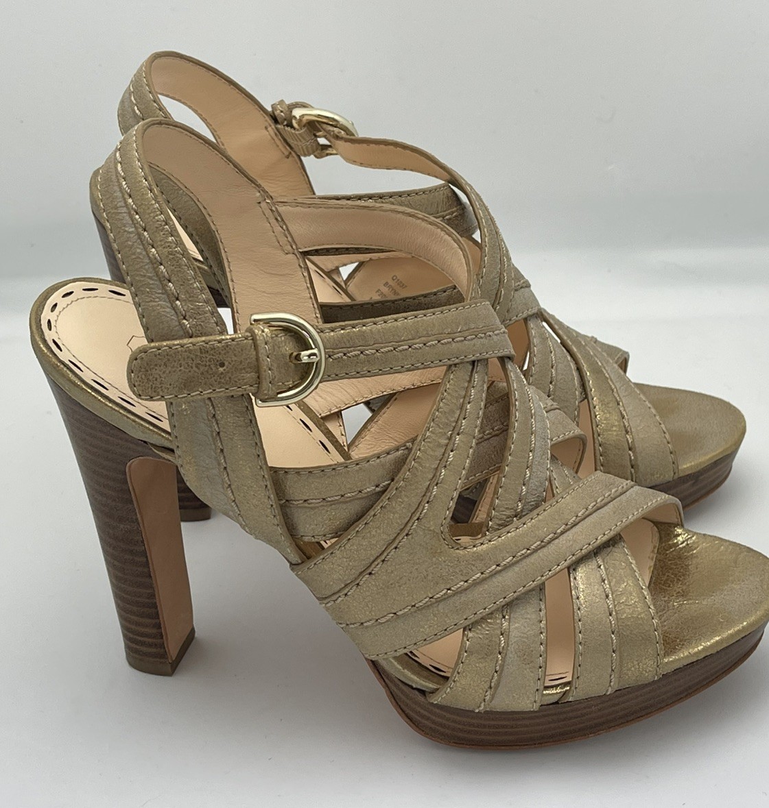 COACH Brynne Brushed Metallic Gold Leather Sz 9B Strappy Slingback Heel Sandals