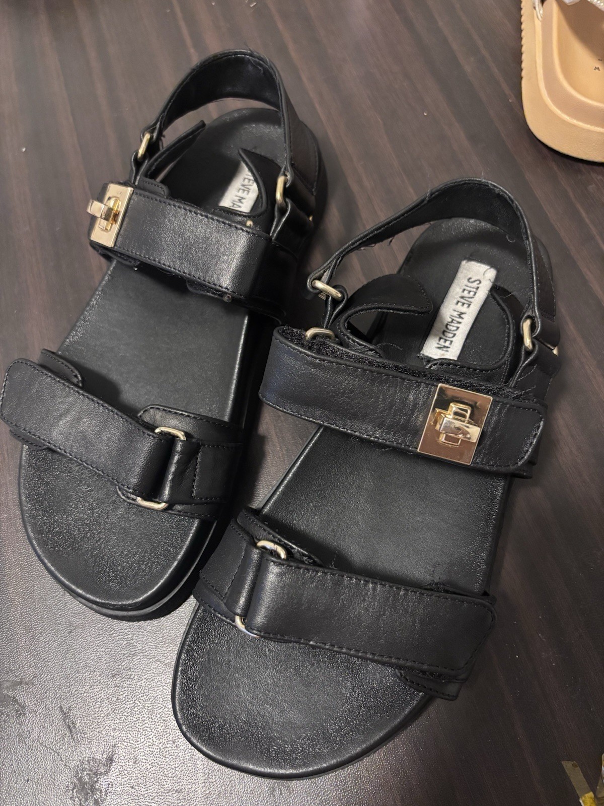 Steve Madden Women’s Black Strappy Sandals Hook & Loop Ankle Strap 8.5