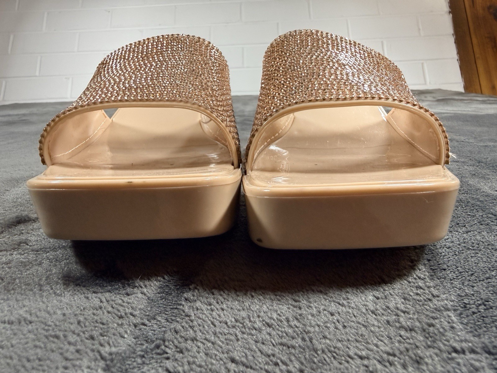 Olivia Miller Rhinestone Platform Slide Sandals Nude Blush Size 8 Sparkle